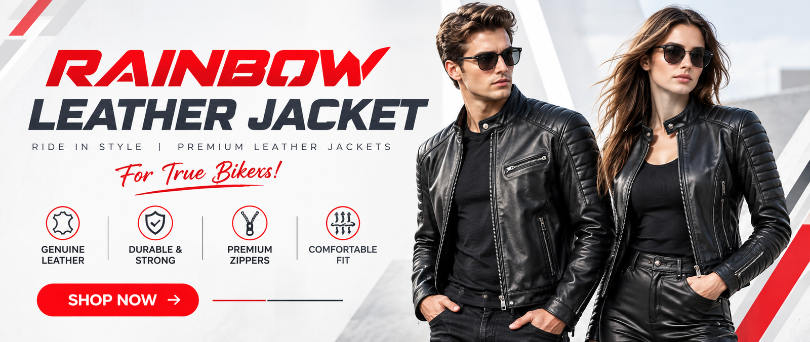 Rainbow leather motorcycle jackets banner featuring men's and women's riding jackets