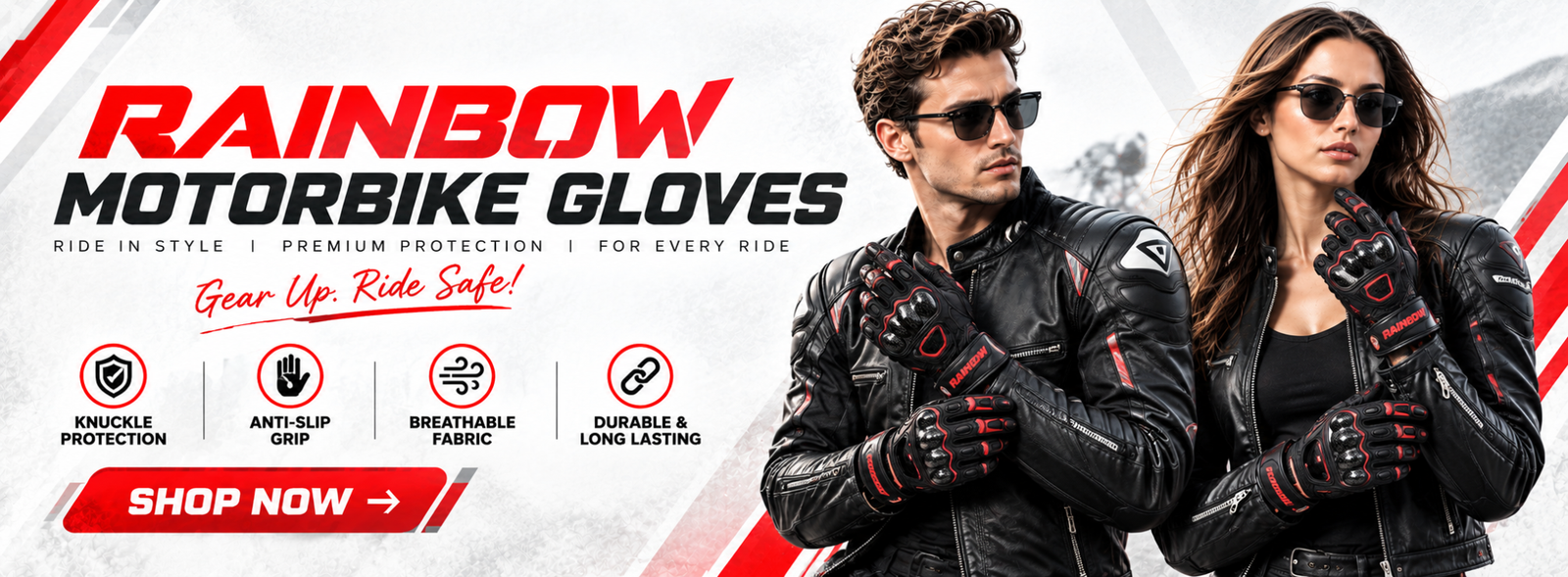Rainbow motorbike gloves banner featuring protective riding gloves